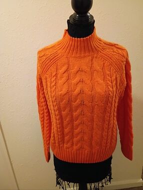 Vibrant Orange Cable Knit Turtleneck Sweater